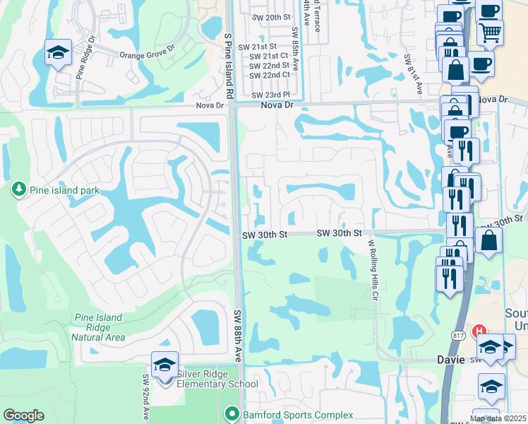 map of restaurants, bars, coffee shops, grocery stores, and more near 2941 Southwest 87th Avenue in Davie