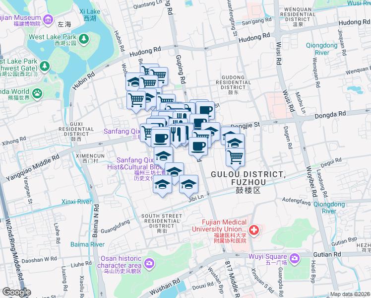 map of restaurants, bars, coffee shops, grocery stores, and more near Nan Jie in Fu Zhou Shi