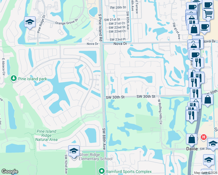 map of restaurants, bars, coffee shops, grocery stores, and more near 2911 Southwest 87th Terrace in Davie