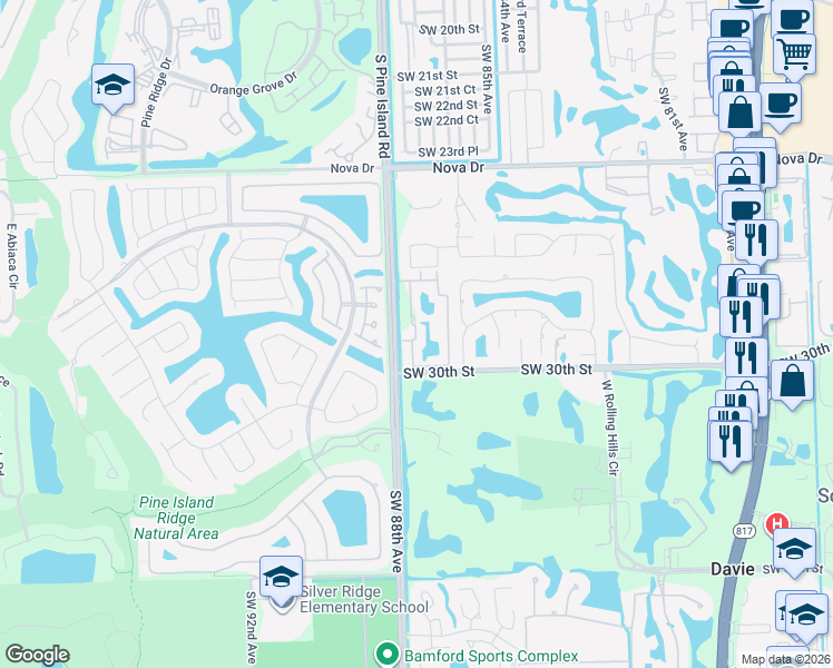 map of restaurants, bars, coffee shops, grocery stores, and more near 2911 Southwest 87th Terrace in Davie