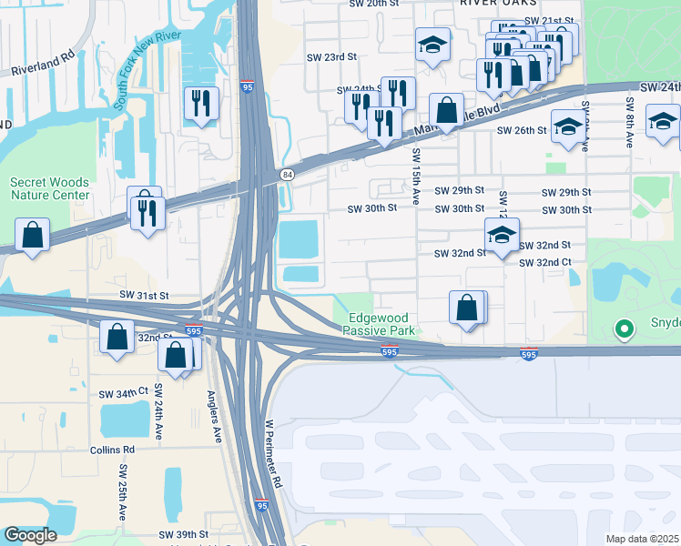 map of restaurants, bars, coffee shops, grocery stores, and more near 1750 Southwest 32nd Street in Fort Lauderdale