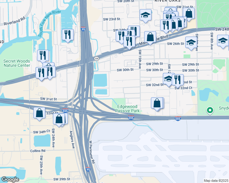 map of restaurants, bars, coffee shops, grocery stores, and more near 1750 Southwest 32nd Street in Fort Lauderdale
