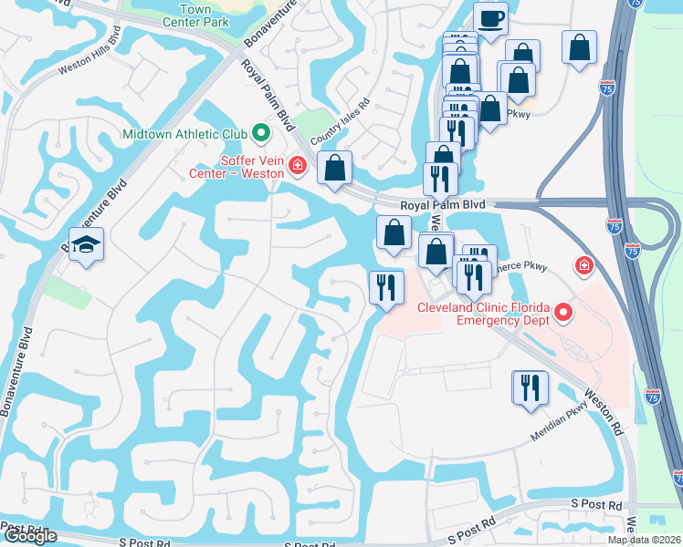 map of restaurants, bars, coffee shops, grocery stores, and more near 2939 Paddock Lane in Weston