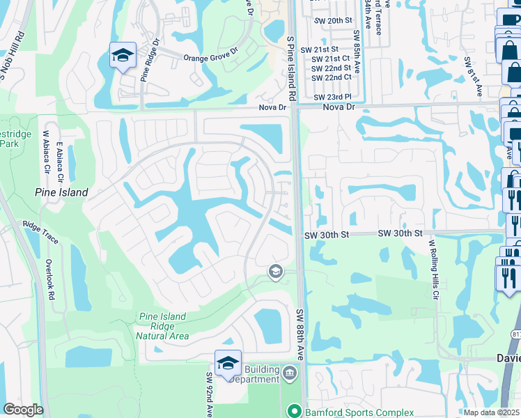 map of restaurants, bars, coffee shops, grocery stores, and more near 2925 Myrtle Oak Circle in Davie