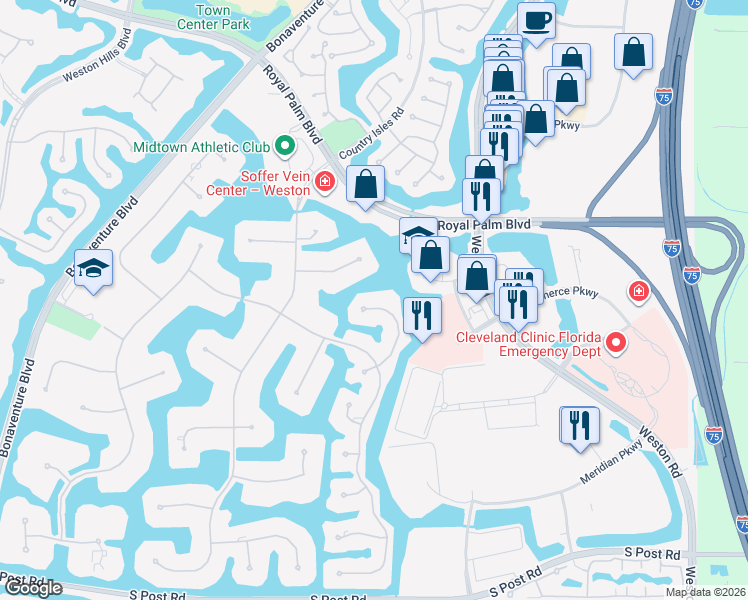 map of restaurants, bars, coffee shops, grocery stores, and more near 2939 Paddock Lane in Weston