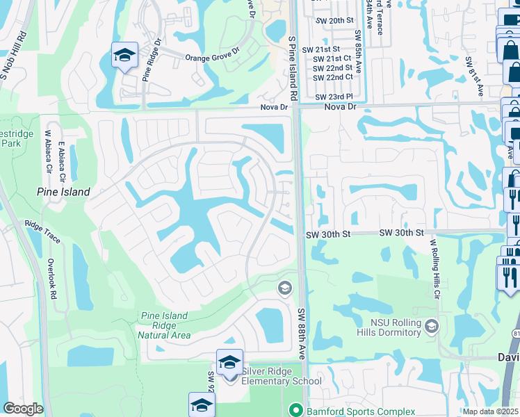 map of restaurants, bars, coffee shops, grocery stores, and more near 2919 Myrtle Oak Circle in Davie