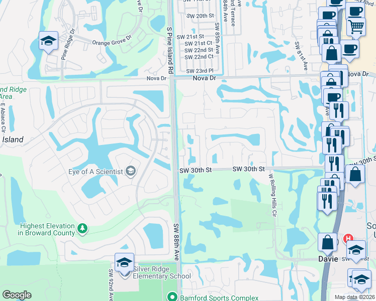 map of restaurants, bars, coffee shops, grocery stores, and more near 2921 Southwest 87th Avenue in Davie