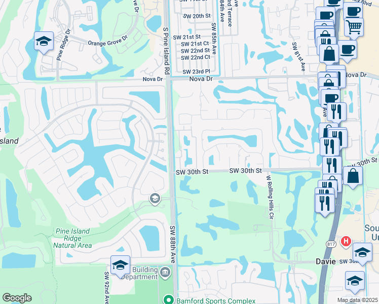 map of restaurants, bars, coffee shops, grocery stores, and more near 2921 Southwest 87th Avenue in Davie