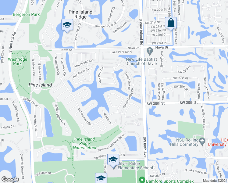 map of restaurants, bars, coffee shops, grocery stores, and more near 3134 Peachtree Circle in Davie