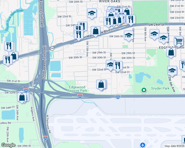 map of restaurants, bars, coffee shops, grocery stores, and more near 1475 Southwest 32nd Court in Fort Lauderdale