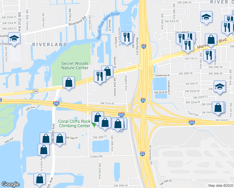 map of restaurants, bars, coffee shops, grocery stores, and more near 2980 Southwest 23rd Terrace in Fort Lauderdale