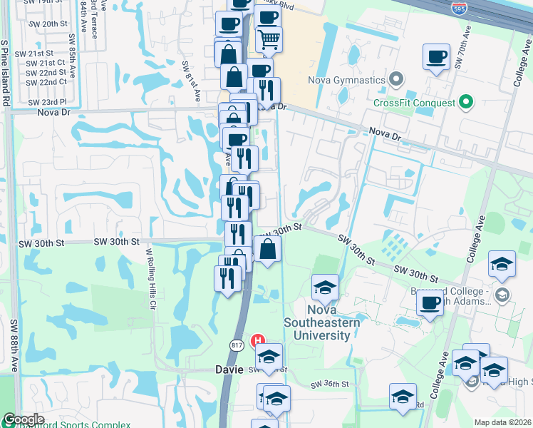 map of restaurants, bars, coffee shops, grocery stores, and more near 2906 South University Drive in Davie
