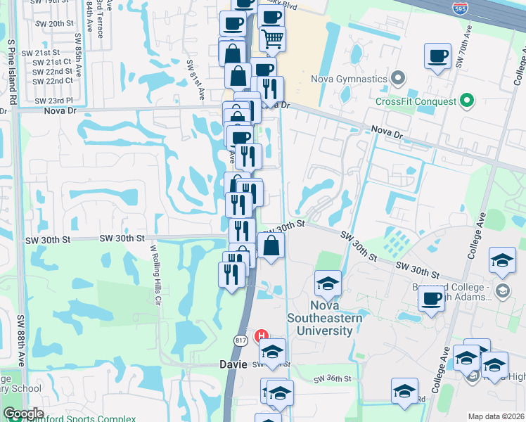 map of restaurants, bars, coffee shops, grocery stores, and more near 2906 South University Drive in Davie