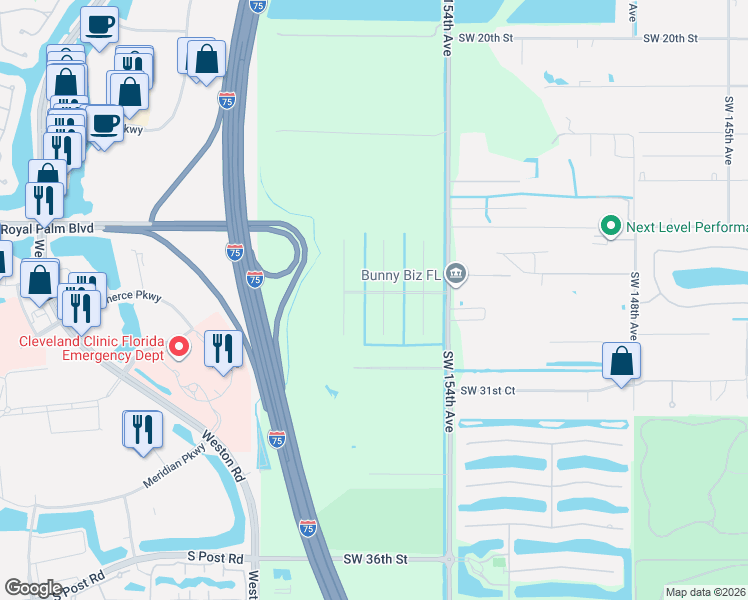 map of restaurants, bars, coffee shops, grocery stores, and more near 2800 Southwest 156th Avenue in Davie