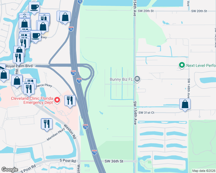 map of restaurants, bars, coffee shops, grocery stores, and more near 2800 Southwest 156th Avenue in Davie