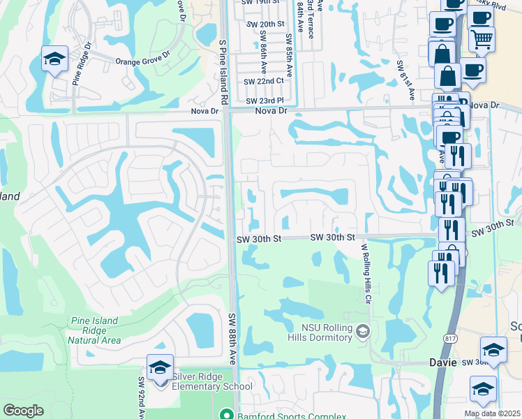 map of restaurants, bars, coffee shops, grocery stores, and more near 2921 Southwest 87th Avenue in Davie