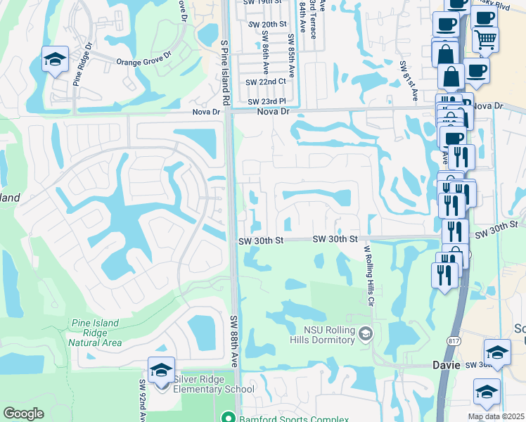 map of restaurants, bars, coffee shops, grocery stores, and more near 2941 Southwest 87th Avenue in Davie