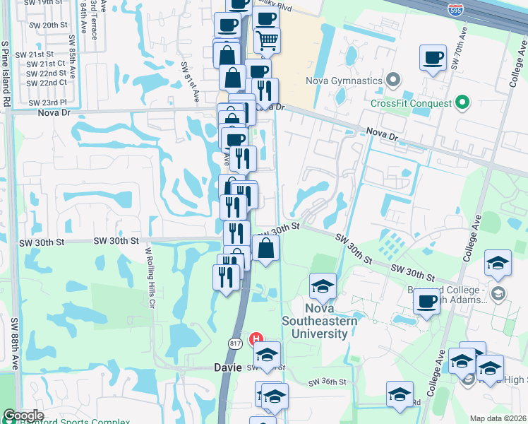 map of restaurants, bars, coffee shops, grocery stores, and more near 2906 South University Drive in Davie