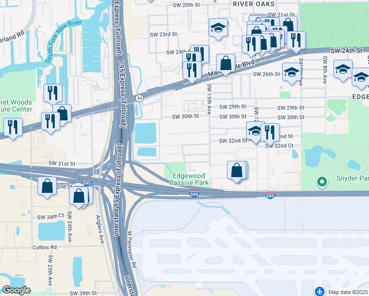 map of restaurants, bars, coffee shops, grocery stores, and more near 1600 Southwest 32nd Street in Fort Lauderdale