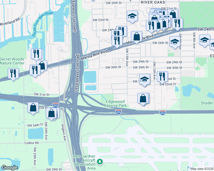 map of restaurants, bars, coffee shops, grocery stores, and more near 1750 Southwest 32nd Street in Fort Lauderdale