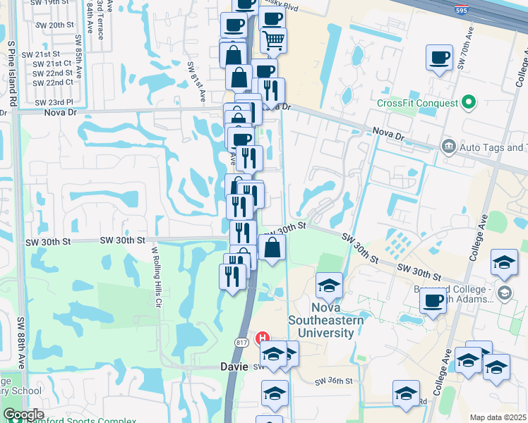map of restaurants, bars, coffee shops, grocery stores, and more near 2906 South University Drive in Davie