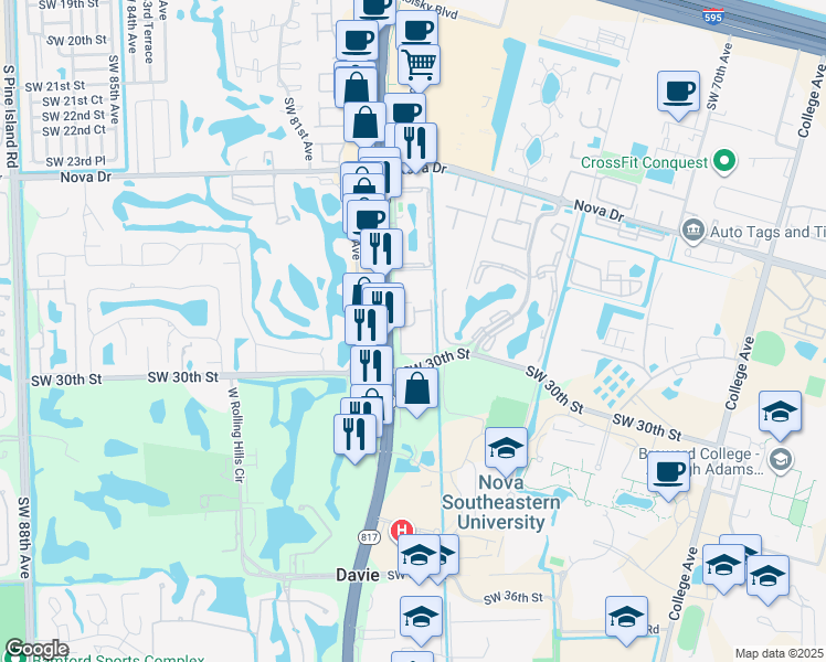 map of restaurants, bars, coffee shops, grocery stores, and more near 2906 South University Drive in Davie