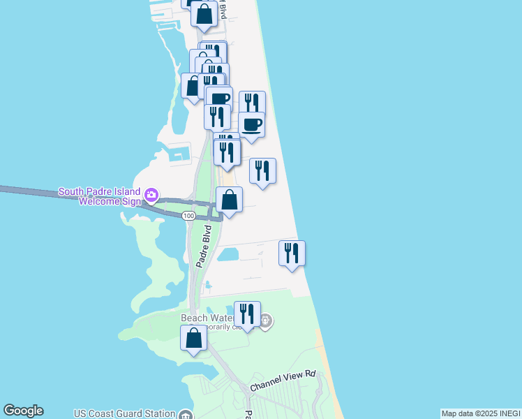 map of restaurants, bars, coffee shops, grocery stores, and more near 334 Padre Boulevard in South Padre Island