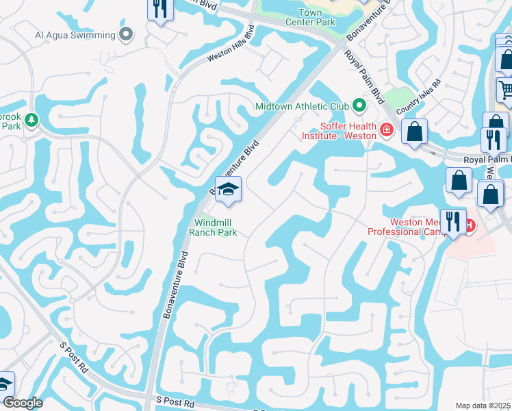 map of restaurants, bars, coffee shops, grocery stores, and more near 2815 Hackney Road in Weston
