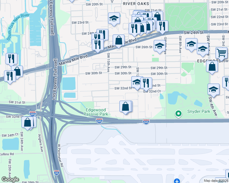 map of restaurants, bars, coffee shops, grocery stores, and more near 1475 Southwest 32nd Court in Fort Lauderdale
