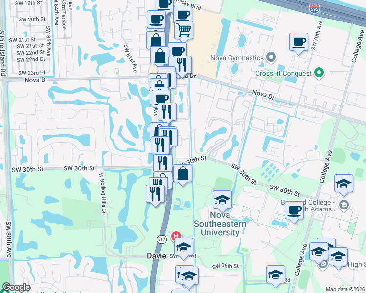 map of restaurants, bars, coffee shops, grocery stores, and more near 2906 South University Drive in Davie