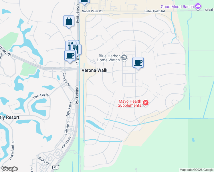 map of restaurants, bars, coffee shops, grocery stores, and more near 7294 Salerno Court in Naples
