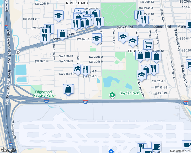 map of restaurants, bars, coffee shops, grocery stores, and more near 1050 Southwest 32nd Court in Fort Lauderdale