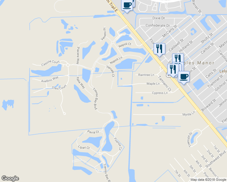 map of restaurants, bars, coffee shops, grocery stores, and more near 9388 Vercelli Court in Naples