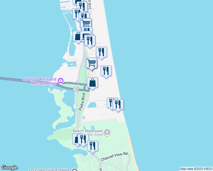 map of restaurants, bars, coffee shops, grocery stores, and more near 334 Padre Boulevard in South Padre Island