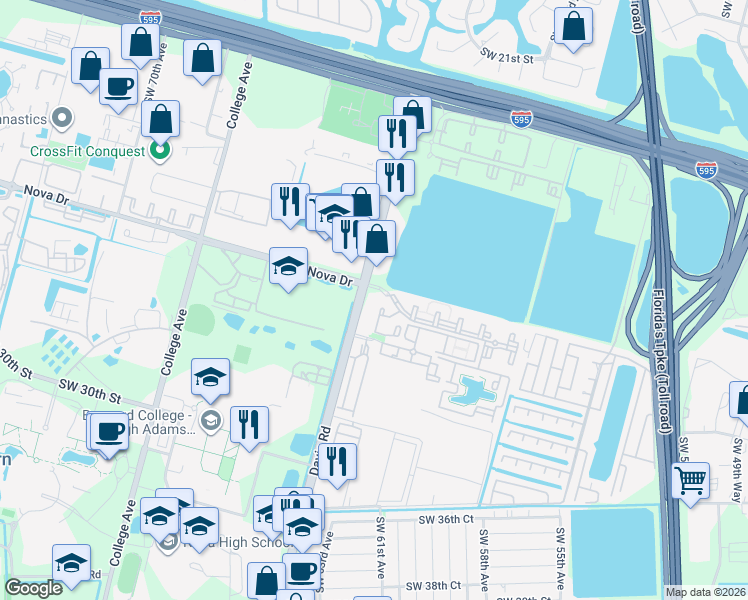 map of restaurants, bars, coffee shops, grocery stores, and more near 2920 Davie Road in Davie