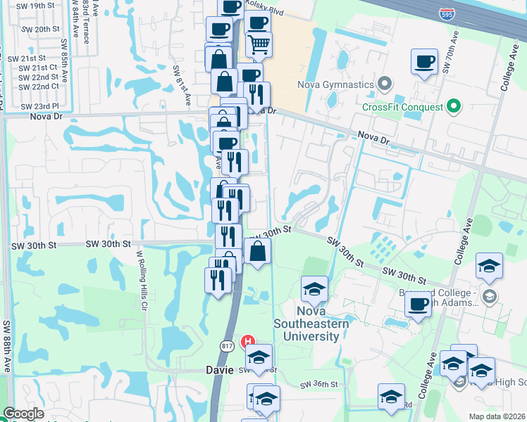 map of restaurants, bars, coffee shops, grocery stores, and more near 2906 South University Drive in Davie