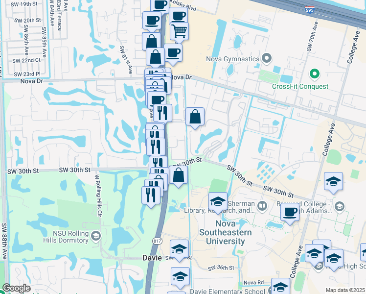 map of restaurants, bars, coffee shops, grocery stores, and more near 2906 South University Drive in Davie