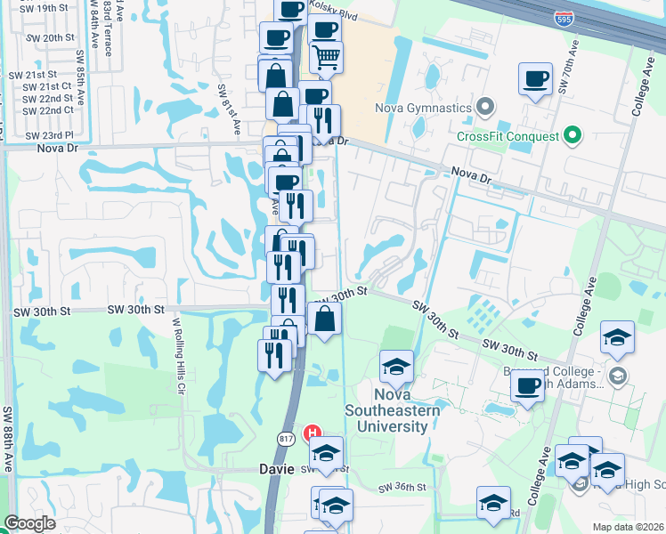 map of restaurants, bars, coffee shops, grocery stores, and more near 2906 South University Drive in Davie