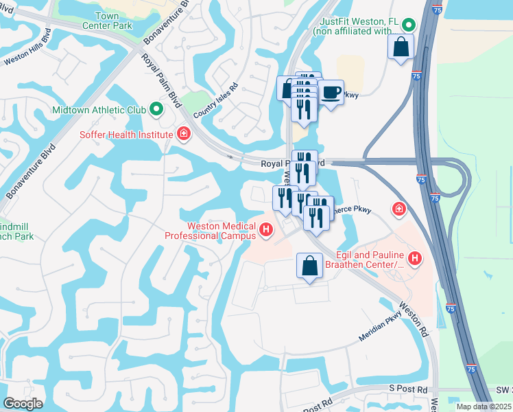 map of restaurants, bars, coffee shops, grocery stores, and more near 2625 Executive Park Drive in Weston