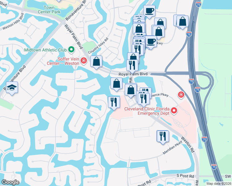map of restaurants, bars, coffee shops, grocery stores, and more near 2625 Executive Park Drive in Weston