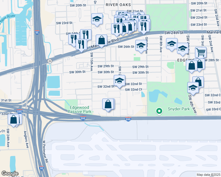 map of restaurants, bars, coffee shops, grocery stores, and more near 1330 Southwest 32nd Street in Fort Lauderdale