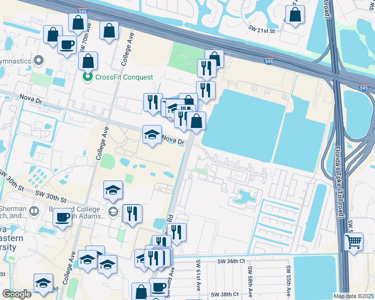 map of restaurants, bars, coffee shops, grocery stores, and more near 3135 Southwest 64th Avenue in Davie