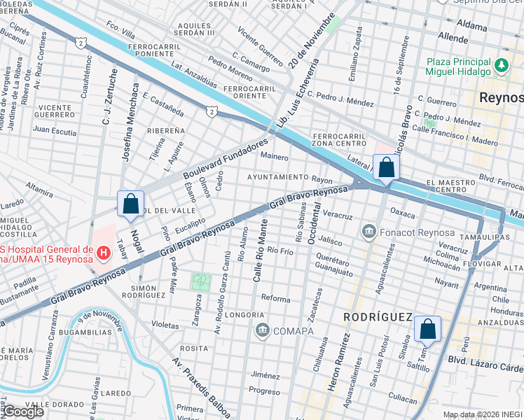 map of restaurants, bars, coffee shops, grocery stores, and more near 480 Boulevard Miguel Hidalgo in Reynosa