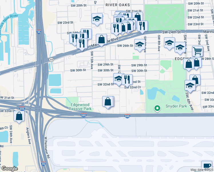 map of restaurants, bars, coffee shops, grocery stores, and more near 1330 Southwest 32nd Street in Fort Lauderdale