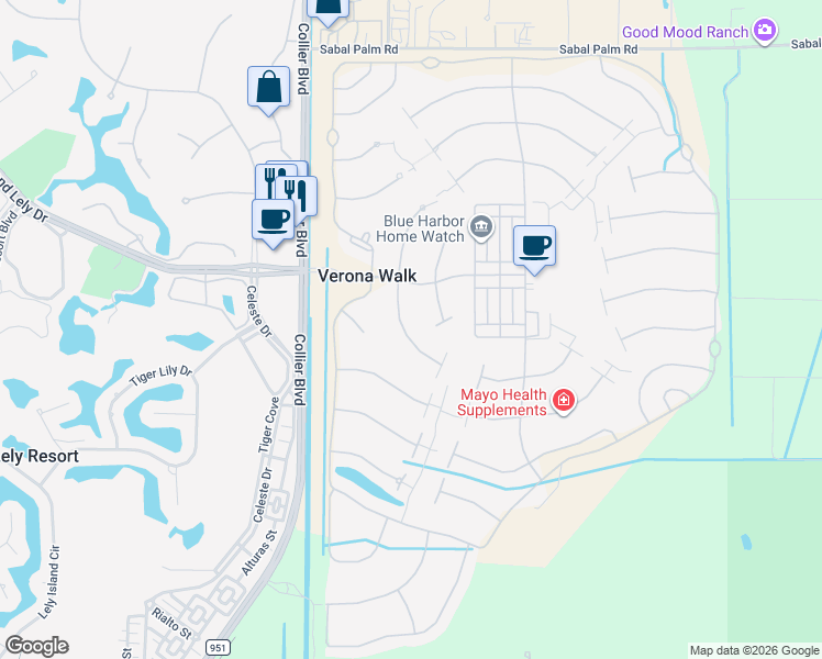 map of restaurants, bars, coffee shops, grocery stores, and more near 7294 Salerno Court in Naples