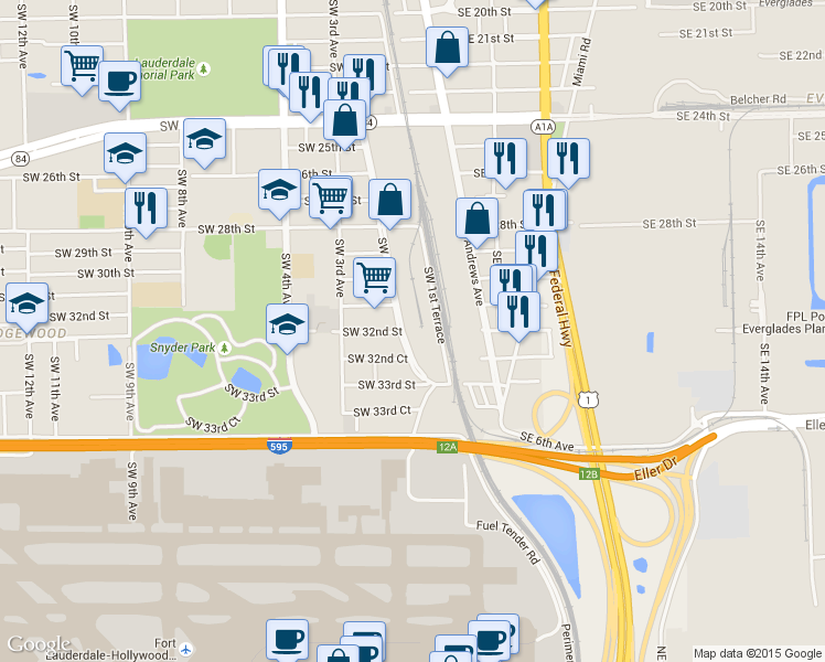 map of restaurants, bars, coffee shops, grocery stores, and more near 3220 Southwest 2nd Avenue in Fort Lauderdale
