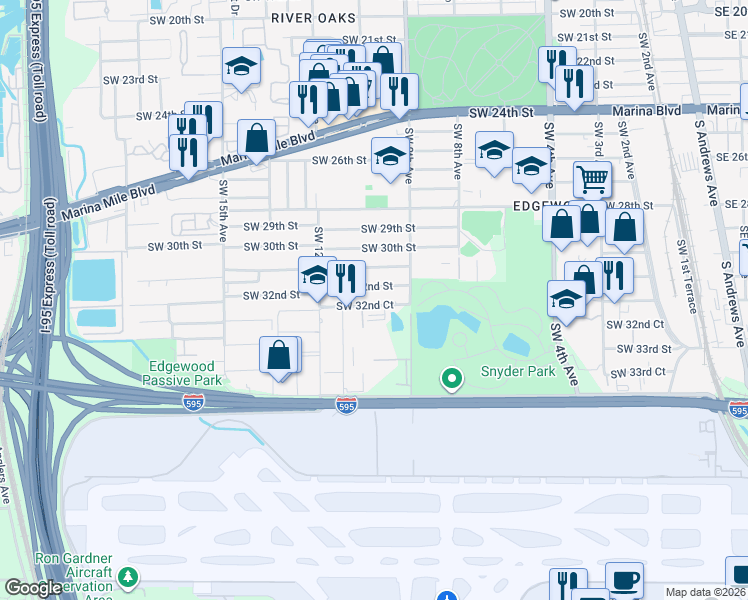 map of restaurants, bars, coffee shops, grocery stores, and more near 1050 Southwest 32nd Court in Fort Lauderdale
