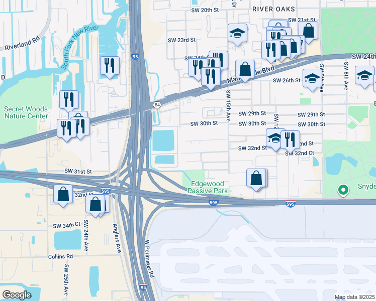 map of restaurants, bars, coffee shops, grocery stores, and more near 1750 Southwest 32nd Street in Fort Lauderdale