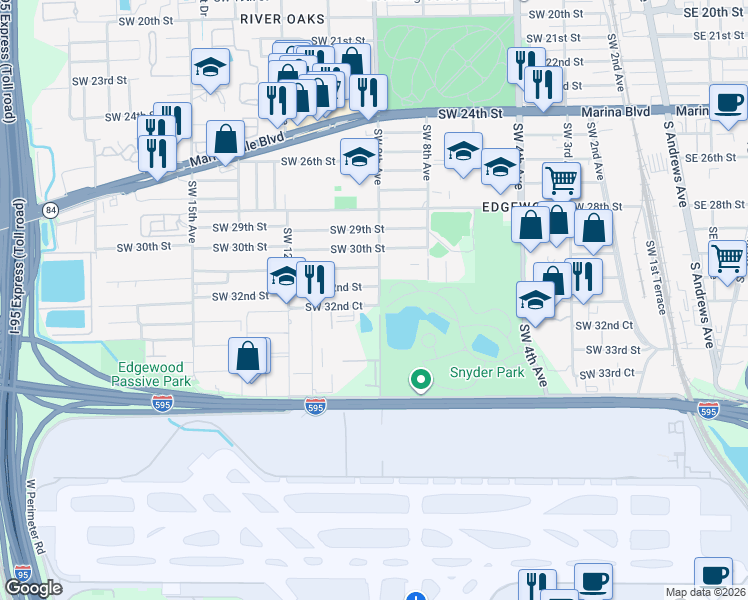 map of restaurants, bars, coffee shops, grocery stores, and more near 901 Southwest 32nd Court in Fort Lauderdale