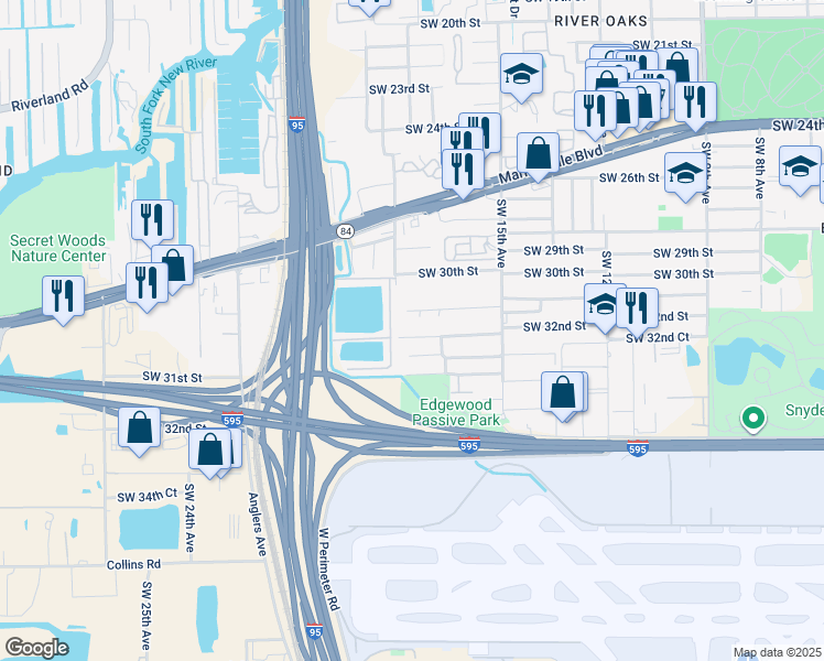 map of restaurants, bars, coffee shops, grocery stores, and more near 1750 Southwest 32nd Street in Fort Lauderdale